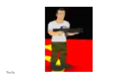 a man in a white shirt and green pants is holding a gun in front of a red and yellow flag .
