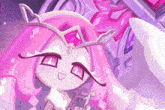 a close up of a cartoon character with pink hair and a tiara .