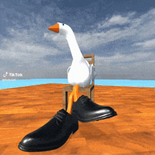 a white goose sitting on a chair with a pair of black shoes on its feet