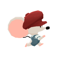 a mouse wearing overalls and a red hat holds a balloon