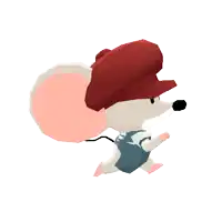 a mouse wearing overalls and a red hat holds a balloon