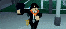 a roblox character wearing a suit and tie is holding a gun .