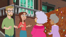 a group of cartoon characters are standing in front of a balcony