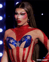 a woman is wearing a red white and blue costume with a heart shaped bra