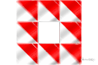 a red and white checkered pattern with a cube in the middle