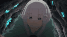 a girl with white hair and purple eyes has a x on her hair