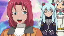 a girl with red hair is smiling while a girl with blue hair is looking surprised