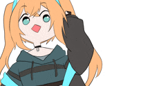 a drawing of a girl with orange hair and a choker with the letter u on it