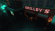 a neon sign for grillby 's is lit up