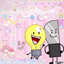 a light bulb and a knife are standing next to each other on a pink background that says picmix