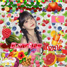 a picture of a girl surrounded by fruits and flowers with the words " muchae apple skinny eye "