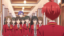 a group of anime characters standing in a hallway