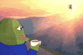 a cartoon of a frog holding a cup of coffee and looking at a sunset