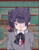 a girl with purple hair is covering her eyes in a classroom