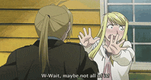a man and a woman are standing next to each other and the woman says " w-wait maybe not all of it "