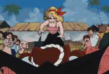 a cartoon of a woman holding a knife in front of a group of people