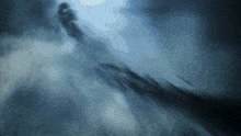 a painting of a person flying through the air with a blue sky in the background