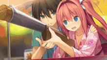 a boy and a girl are playing a game with a rifle