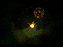 a computer generated image of a campfire with a person in the background