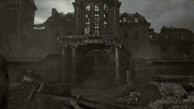 a ruined building with the letter r on it