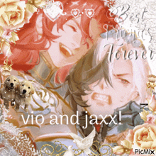 a picture of vio and jaxx surrounded by flowers and hearts