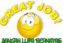 a smiley face is giving a thumbs up and the words `` great job '' are surrounding it .