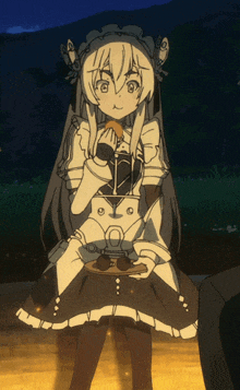 a girl in a maid outfit is holding a tray of food