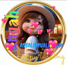 a picture of a girl in a hat with hearts and the words " assalamualaikum "