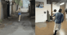 a blurry picture of a woman walking down a street and a man walking through a room