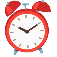 a red alarm clock with two bells shows the time as almost 5:00