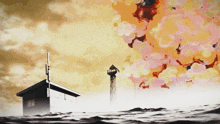 a painting of a house in the middle of the ocean with a tower in the background