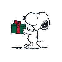 a cartoon of snoopy holding a green gift box
