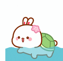 a cartoon rabbit with a pink flower on its head is swimming in the water