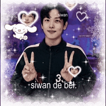 a man giving a peace sign with the words siwan de bet on the bottom