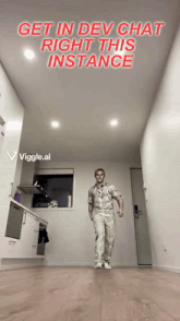 a man is walking in a hallway with the words get in dev chat right this instance above him