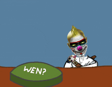 a cartoon drawing of a clown laying on a green cushion that says we