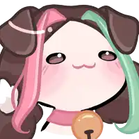 a drawing of a girl with pink and green hair and a bell around her neck