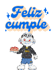 a sticker that says feliz cumple with a person holding a pizza