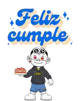 a sticker that says feliz cumple with a person holding a pizza
