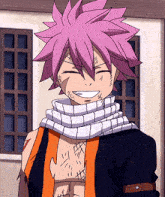 a cartoon character with pink hair is smiling and wearing a scarf around his neck
