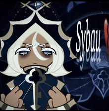 a cartoon character with the word sybau written on the bottom
