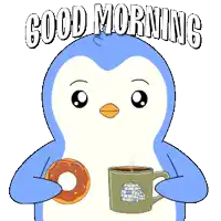 a penguin holding a donut and a cup of coffee with the words good morning written above it