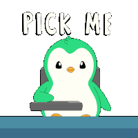 a green and white penguin is sitting in a chair with the words " pick me " above it
