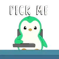 a green and white penguin is sitting in a chair with the words " pick me " above it