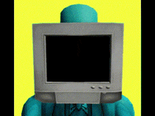 a cartoon character with a computer monitor instead of a head