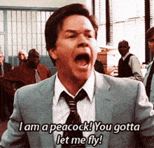 a man in a suit and tie is saying " i am a peacock "