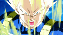 a close up of a cartoon character 's face with a blue sky in the background