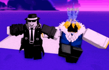 two roblox characters are standing next to each other and one of them is named saturin