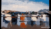 a painting of a bridge in the water is made in animatica