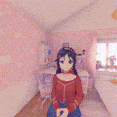 a pixel art of a girl standing in a room